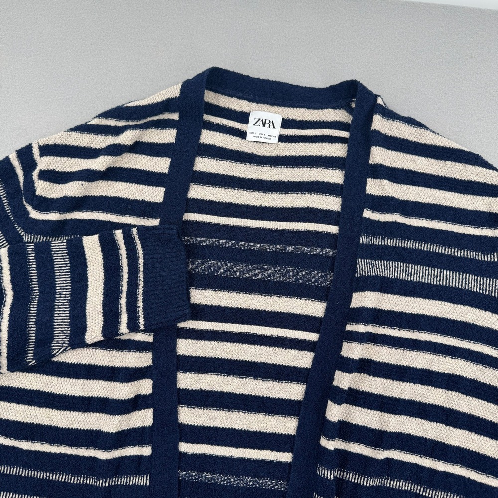 Zara Mens Striped Open Front Cardigan Navy Blue/Cream Knit Sweater Large